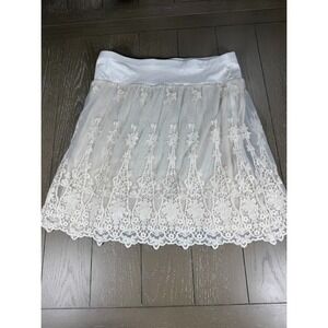 Mola Pleated Skirt Womens White Rainius Flowers Embroidered Floral Lace Tulle